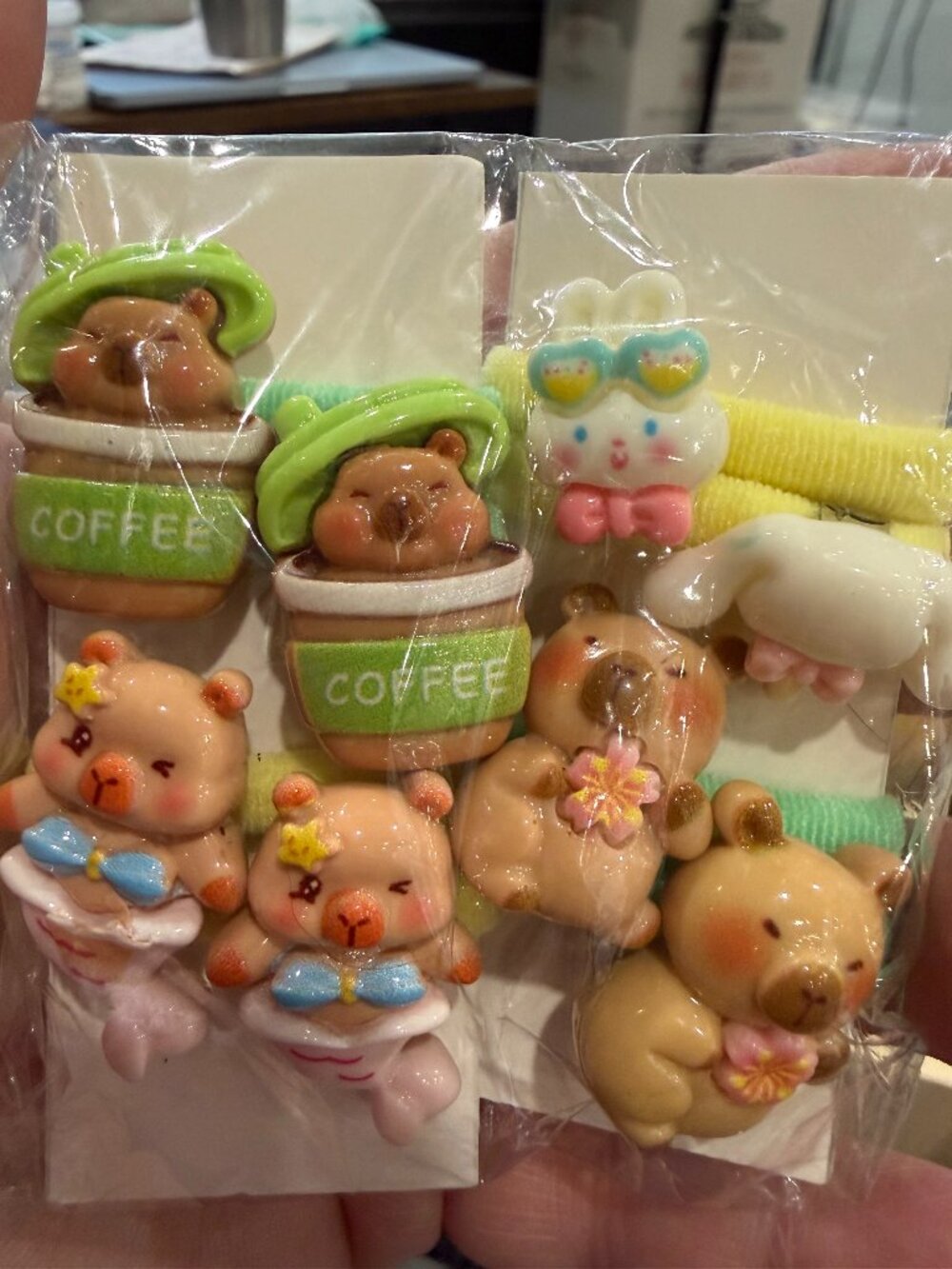 ☕ Kawaii Hair Elastic Set: Cute Coffee Cup Bears, Cinnamoroll Bunny & Sakura